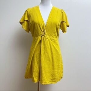 Loveriche Yellow Cotton Plunge Twist Front Flutter Sleeve Mini Dress Medium